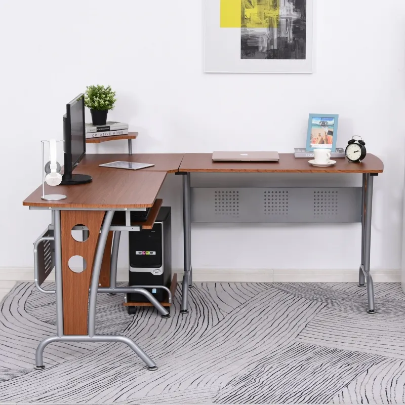 HOMCOM L-Shaped Corner Computer Office Desk Workstation with Elevated Shelf, Rolling Keyboard Tray, & Convenient CPU Stand, Brown