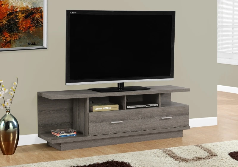 Monarch 60" Contemporary Wood Grain-Look Open Shelf Storage 2-Drawer Console TV Stand - Dark Taupe Finish