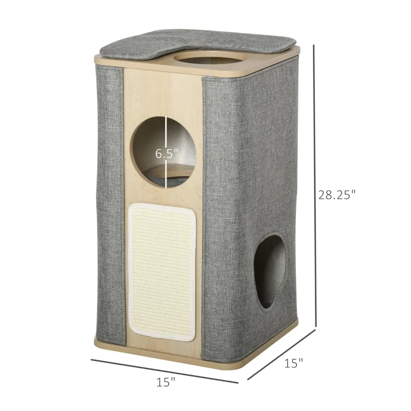 PawHut Wooden Cat Condo 3 Story Barrel Tower w/ Perch Removable Cover Cushions Sisal Scratching Carpet, Grey