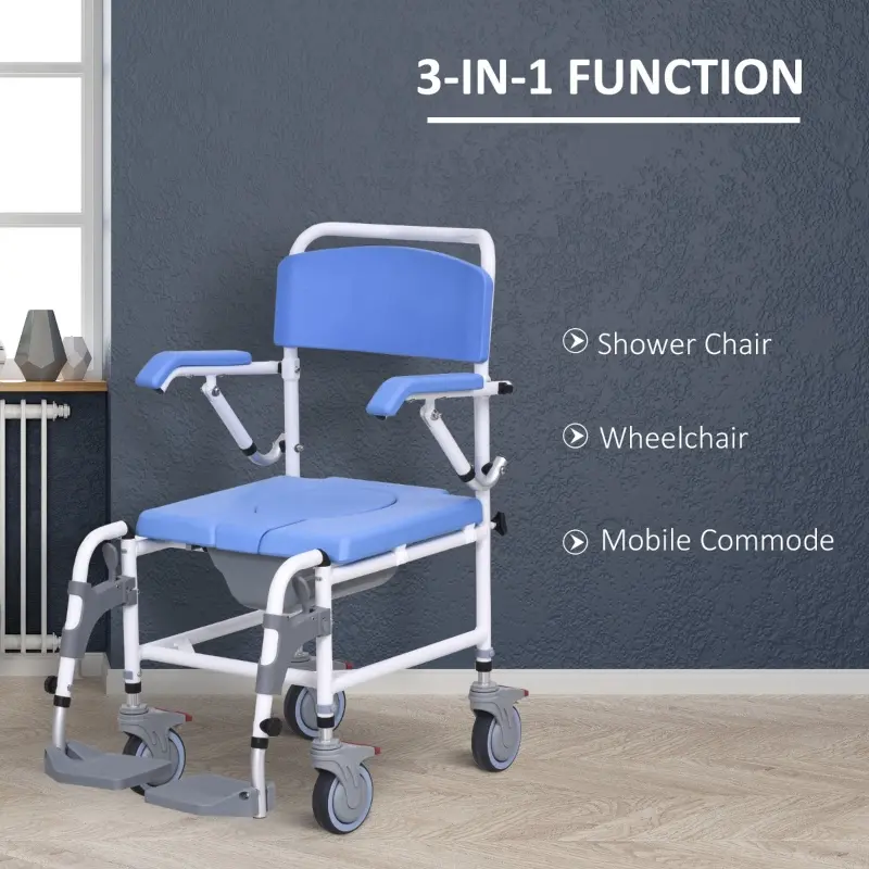 HOMCOM Accessibility Commode Wheelchair, Rolling Shower Wheelchair with 4 Castor Wheels, Rectangle Detachable Bucket, & Waterproof Design, 17" Seat Width, Blue
