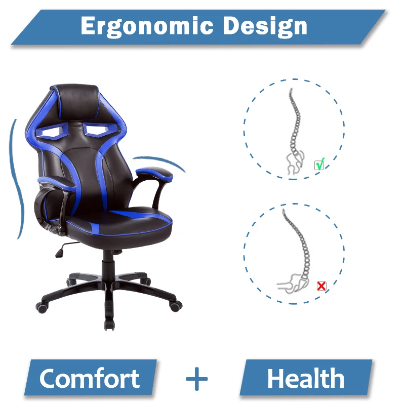 HOMCOM Gaming Racing Chair Rocking Function Computer Seat High Back Adjustable Padded Armrest Home Office Blue