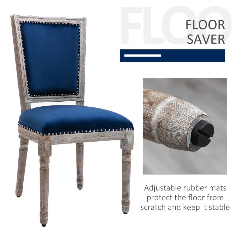 HOMCOM Vintage Upholstered Dining Chairs Set Of 2 with Nailhead Trim , Thick Padded Seat Cushions, and Wood Legs, Blue