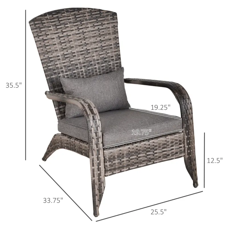 Outsunny Patio Wicker Adirondack Chair, Outdoor All-Weather Rattan Fire Pit Chair w/ Soft Cushions, Tall Curved Backrest and Comfortable Armrests for Deck or Garden, Gray