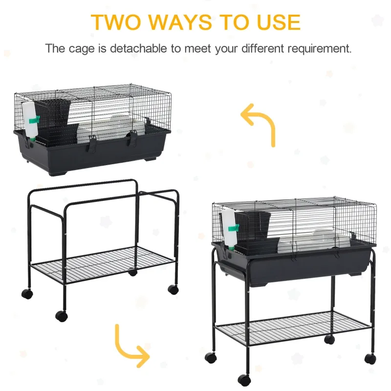 PawHut Two-Story Small Animal Cage Removable from Stand, Pet Habitat with Shelf & Wheels, 33" x 18.5" x 35", Charcoal Gray