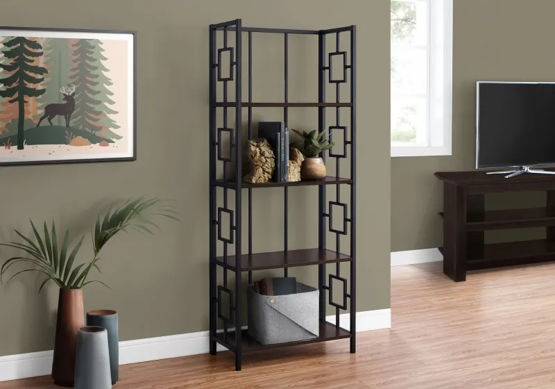 Monarch 62" H Transitional Decorative Metal 4-Tier Corner Etagere Bookcase - Espresso / Black Metal