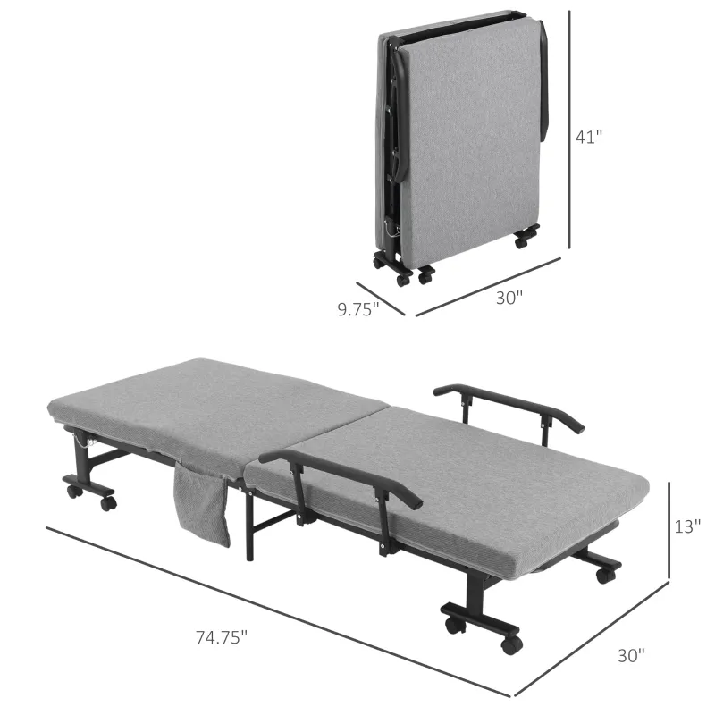 HOMCOM Rollaway Bed, Folding Bed with 3.25" Mattress, Portable Foldable Guest Bed with Adjustable Backrest, and Metal Frame on Wheels, Light Grey