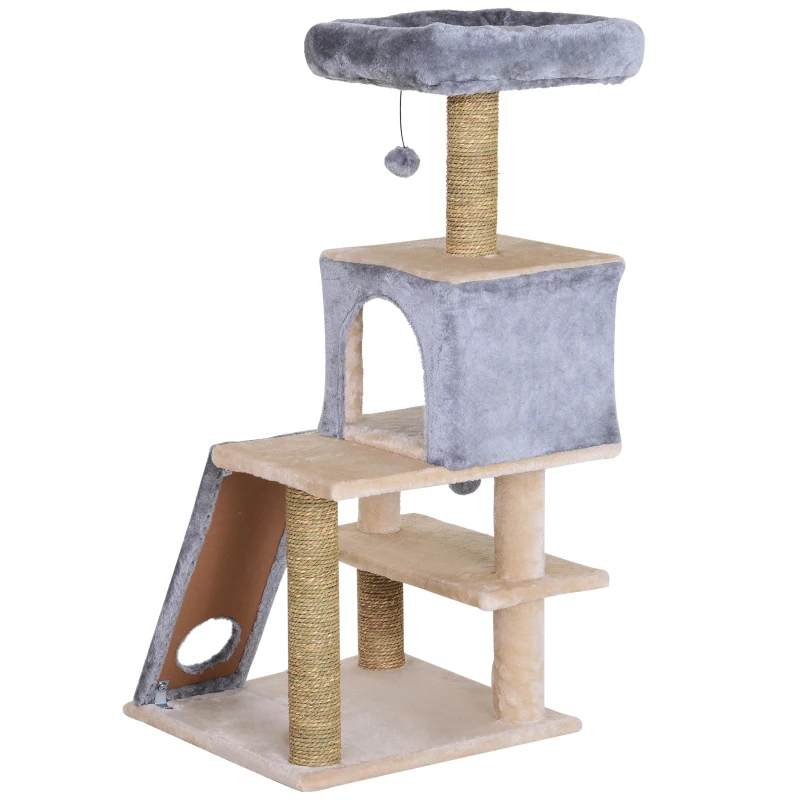 PawHut Cat Tree Tower with Natural Seaweed Scratch Posts Plush Perch  Ladder and Teasing Toy Ball