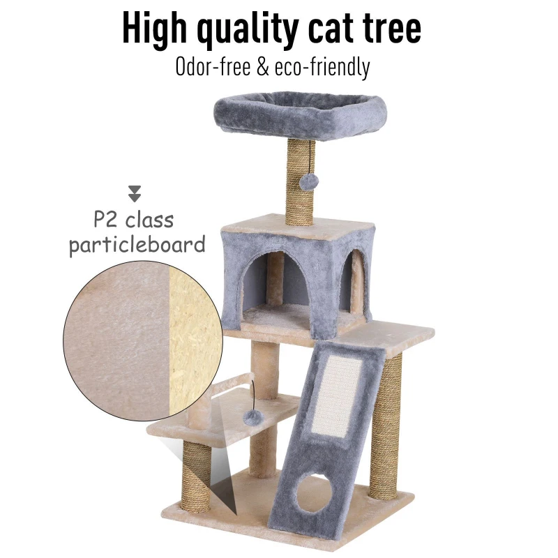 PawHut Cat Tree Tower with Natural Seaweed Scratch Posts Plush Perch  Ladder and Teasing Toy Ball