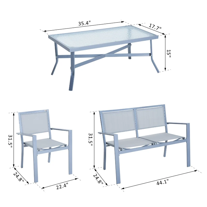 Outsunny 4pc Sling Mesh Sectional Sofa Set Outdoor Garden Patio Furniture Grey