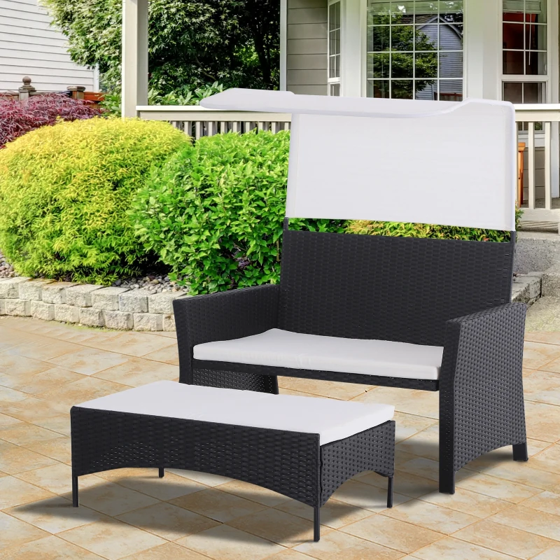 Outsunny 2pcs Wicker Loveseat Ottoman Set Outdoor Rattan Daybed w/ Canopy Garden Chaise Lounge with Shade Black