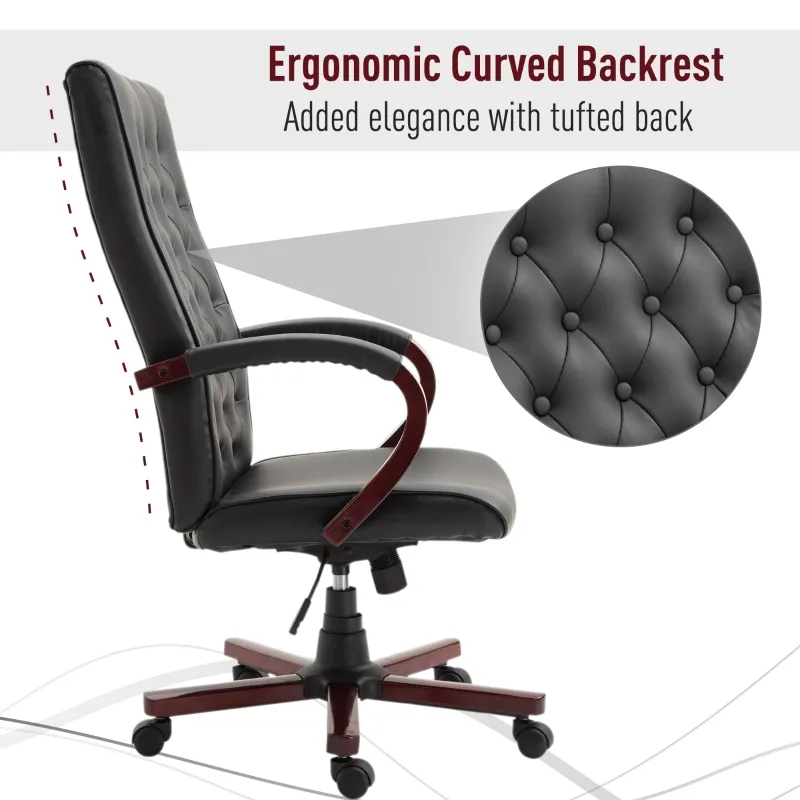 Vinsetto High Back Faux Leather Office Chair with Button Tufted Design, Executive Computer Desk Chair with Solid Wood Feet and Arms, Black