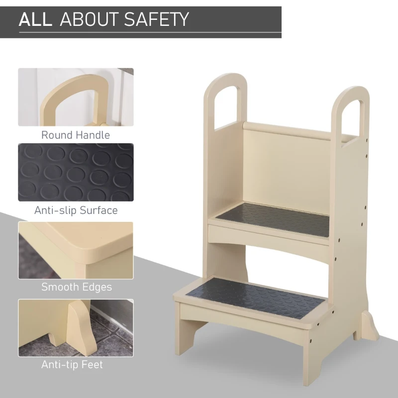 Qaba Toddler Tower Kitchen Helper for Children with 2 Non-Slip Steps and Support Handles - Natural