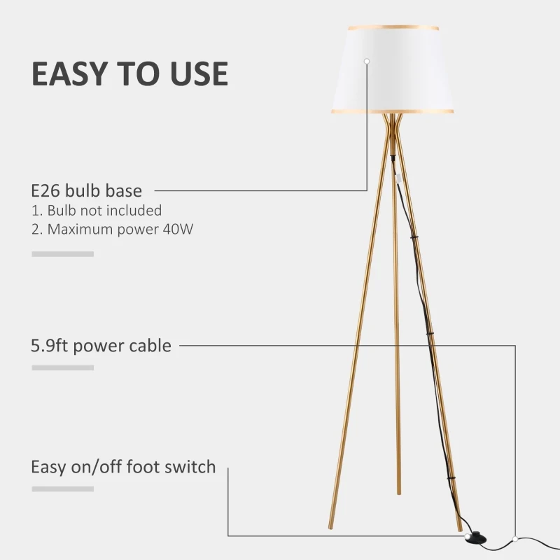 HOMCOM Modern Tripod Floor Lamp, Freestanding Lamp w/ Fabric Lampshade and E26 Base for Living Room, No Bulb - Gold