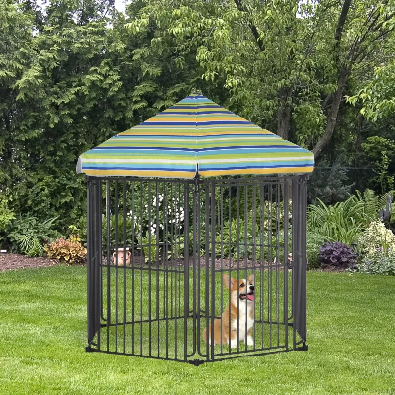 PawHut Heavy-Duty Outdoor Dog Kennel 60"x52" with Weather-Resistant Roof, Secure Metal Pet Cage for Backyard