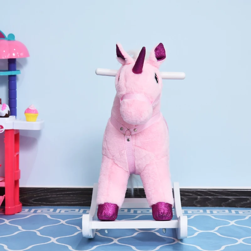 Qaba Unicorn Rocking Horse Toy with Sound for Kids  Wooden Plush Ride-On Rocker Battery Operated - Pink