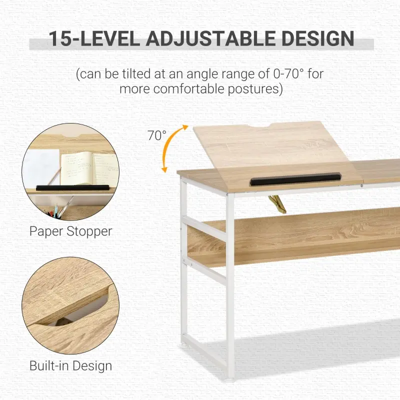 HOMCOM Drafting Table, Adjustable Drawing Desk, Multifunctional Writing Desk with 15-Level Tiltable Tabletop and Storage Shelf for Home Office, Natural