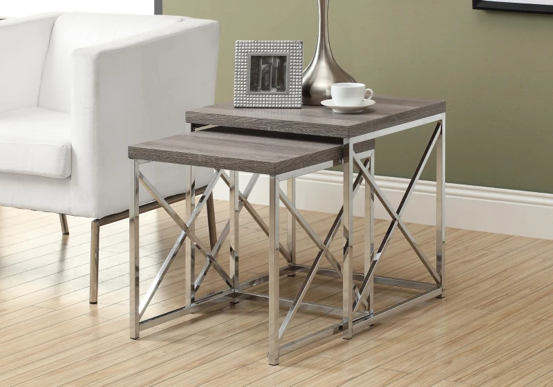 Monarch Contemporary 2 Piece Chrome Frame Accent Side Nesting Table Set - Dark Taupe Wood Grain-Look Finish