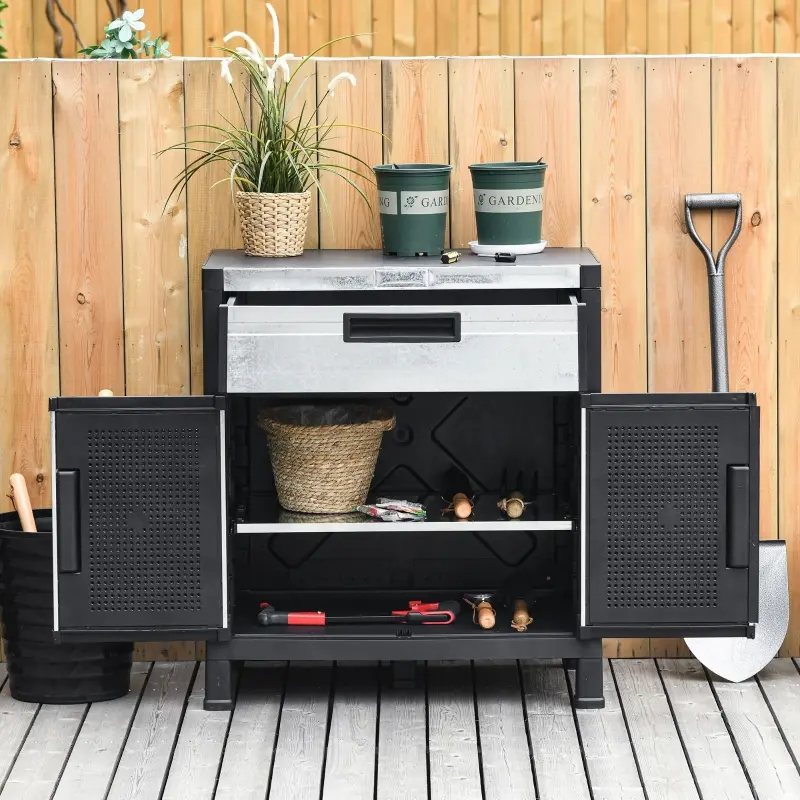 Outsunny Storage Sheds Outdoor Cabinet for Garden Tool with Adjustable Shelves, Ample Drawer with Waterproof PP & Galvanized Steel for Indoor/Outdoor Use