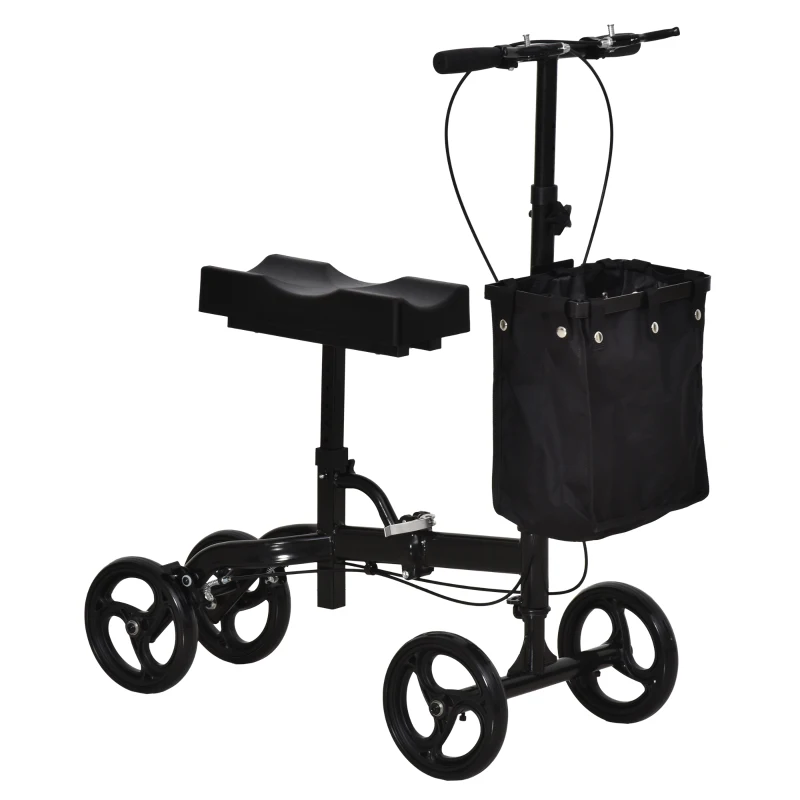 HOMCOM Knee Walker w/ Basket Safety Lock Crutch Alternative PU Seat Rehabilitating Rollator Black