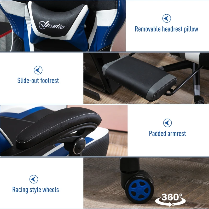 Vinsetto High Back Gaming Chair, Racing Style Ergonomic Computer Desk Chair with Adjustable Height, Retractable Footrest, Headrest and Lumbar Support, Blue