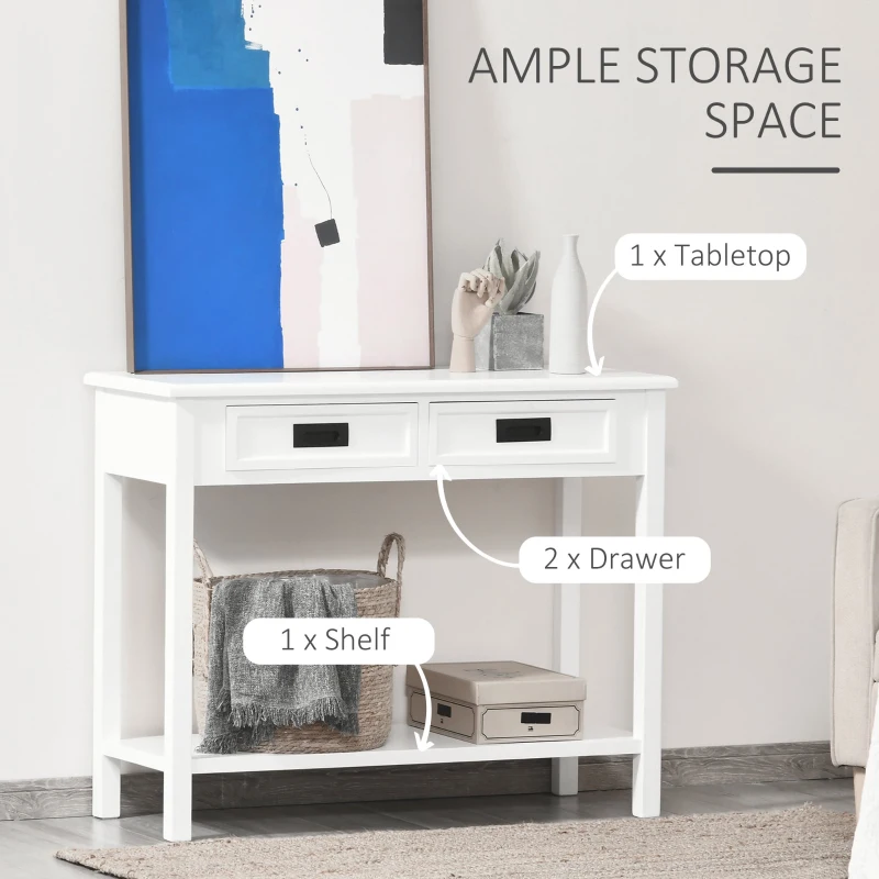 HOMCOM Console Table with 2 Storage Drawers and Open Shelf, Modern Sofa Table for Hallway, Living Room, or Bedroom, White