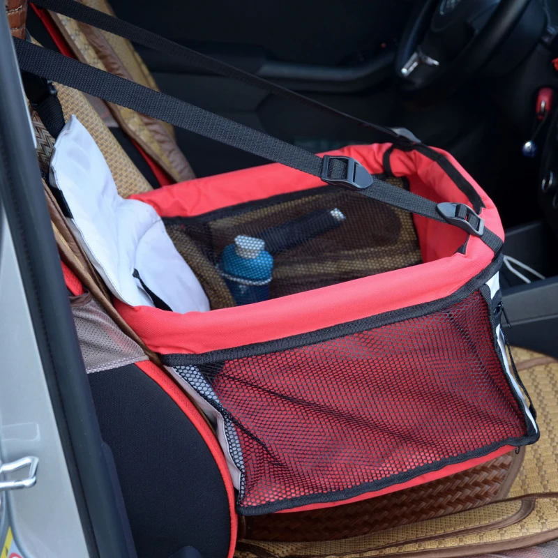 PawHut D1-0089 Pet Car Seat Cover Booster Basket Dog Puppy Cat Bag Carrier Travel Bed Foldable  Red and Grey