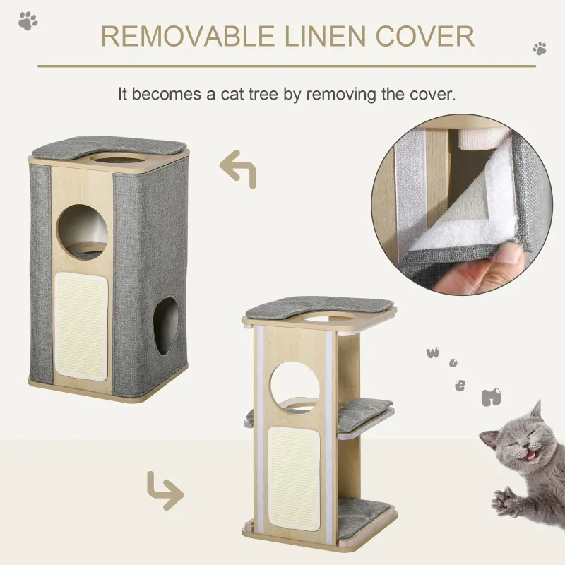 PawHut Wooden Cat Condo 3 Story Barrel Tower w/ Perch Removable Cover Cushions Sisal Scratching Carpet, Grey