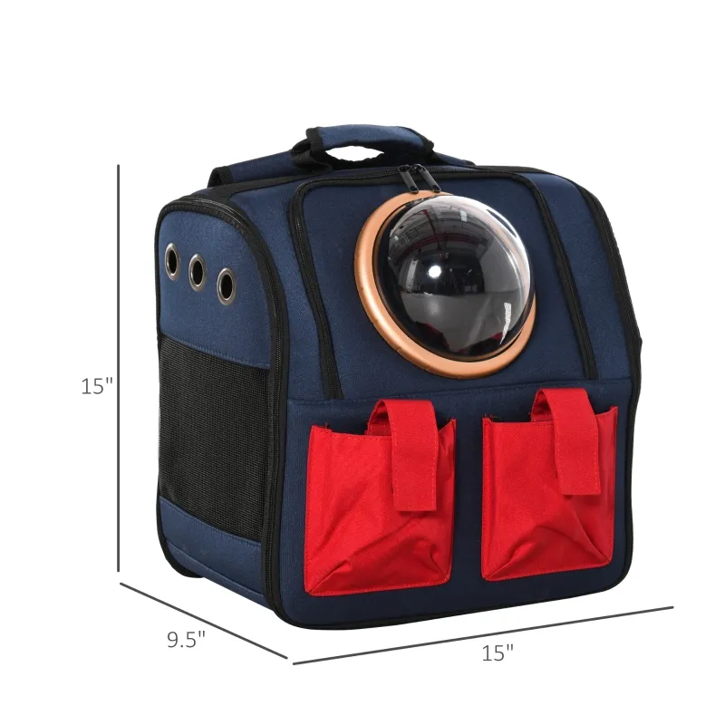 PawHut Foldable Pet Carrier Backpack with Two Storage Packets, Breathable Mesh, Transparent Window & Adjustable Shoulder Strap for Small Cats & Dogs Travel Hiking, Blue