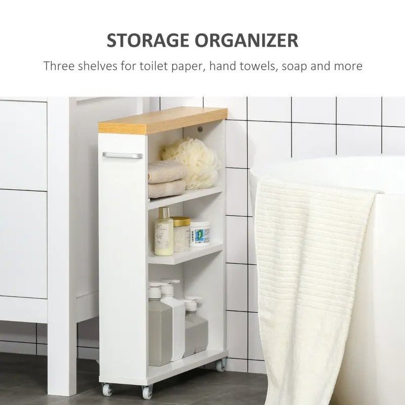 Kleankin Slim Bathroom Cabinet with Castor Wheels Storage Organizer and Wood Shelves To Fit In Small Spaces, White