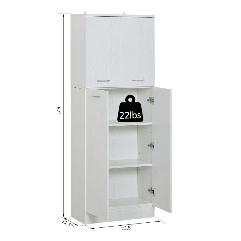 HOMCOM 62 Inch Tall 4-Door Kitchen Pantry Cupboard Storage Cabinet with Adjustable Shelves Home Furniture, White