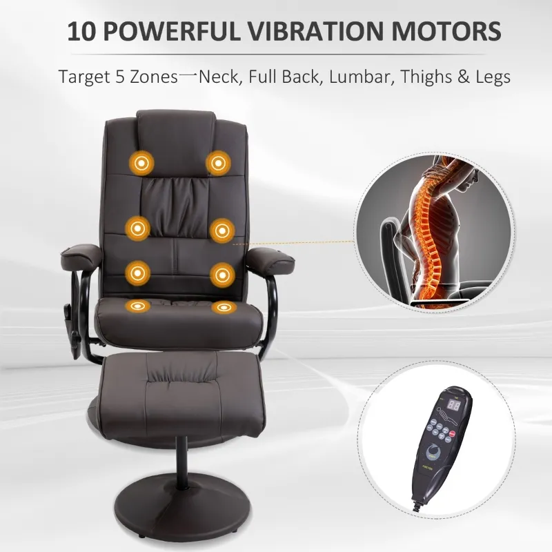 HOMCOM Massaging Faux Leather Recliner Chair and Ottoman Set, Swivel Vibration Massage Lounge Chair with Remote Control for Living Room, Bedroom, or Office, Brown