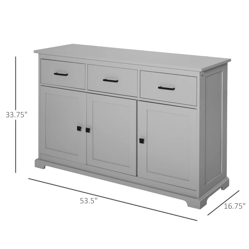 HOMCOM Buffet Storage Cabinet for Kitchen Entryway with 2 Cabinets and 3 Drawers, Adjustable Shelves, Grey
