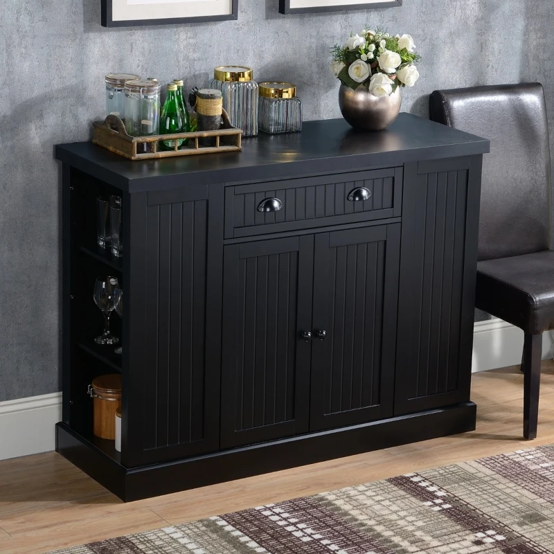 HOMCOM Fluted-Style Wooden Kitchen Island, Storage Cabinet with Drawer, Open Shelving, and Interior Shelving for Dining Room, Black