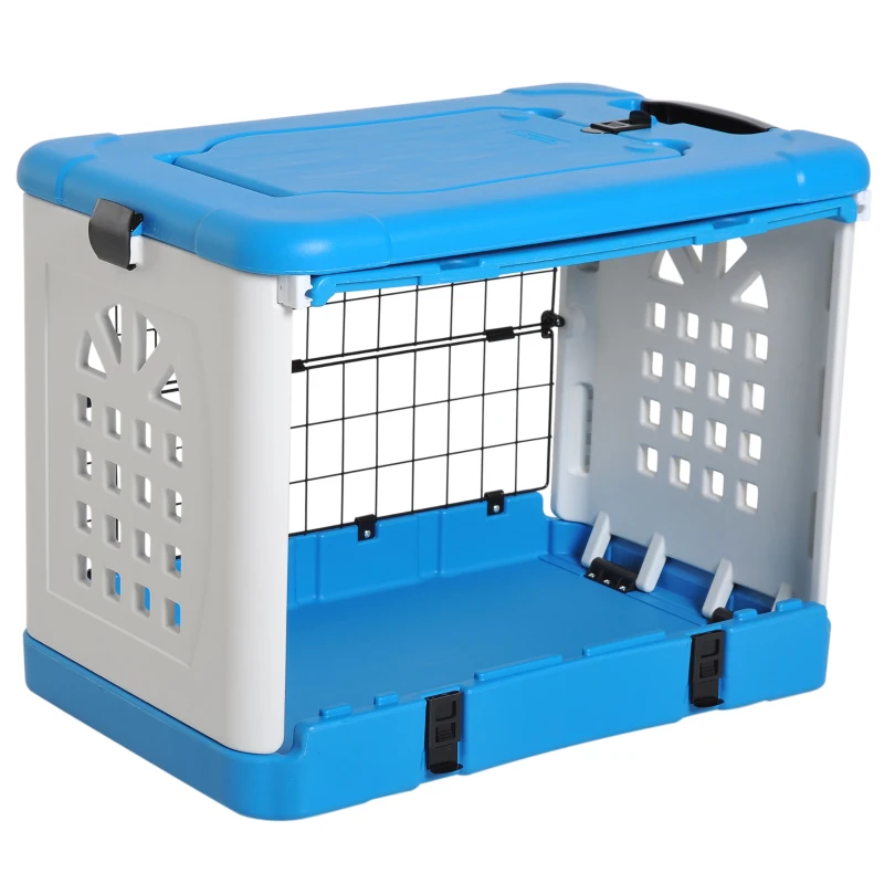 PawHut Foldable Cat Cage Flight Puppy Case Small Animal Travel Carrier Ventilation Hole w/ Top Load Pet Kennel Blue