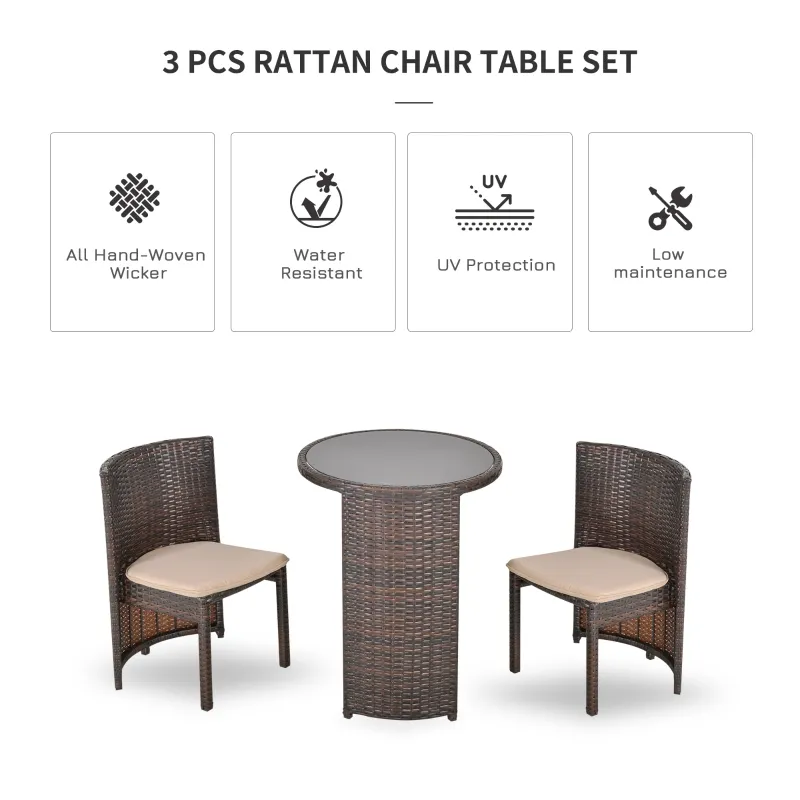 Outsunny 3 PCS Outdoor Rattan Wicker Bistro Set with Storage Shelf, Glass Top Table, Soft Cushioned Chairs and Space Saving Design, Patio Conversation Set for Garden Backyard Porch, Brown