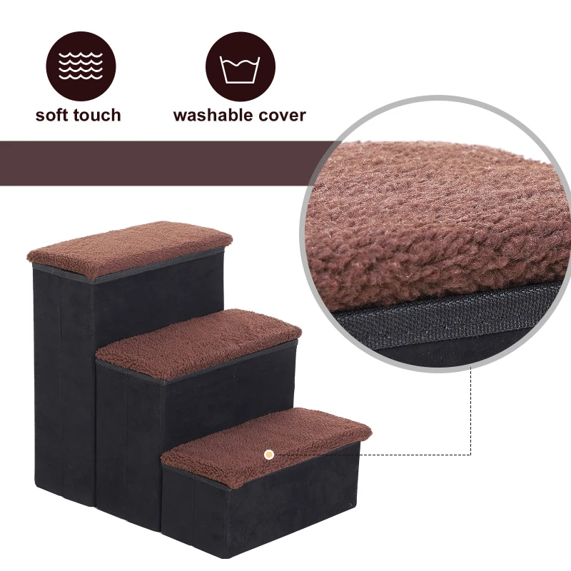 PawHut 3-Step Foldable Pet Steps Pet Stairs with Fleece Cover and Storage