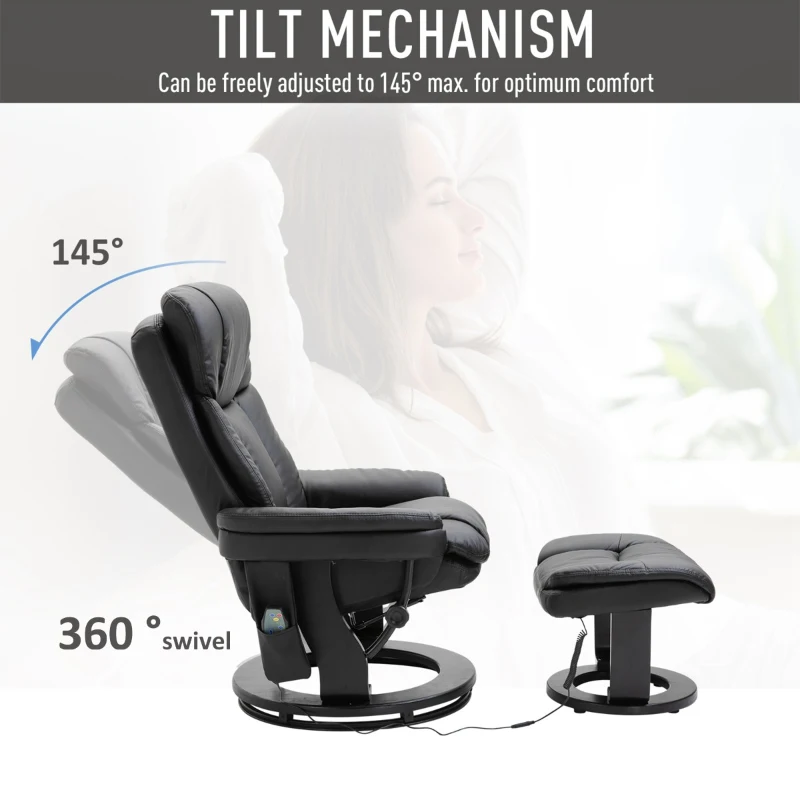 HOMCOM PU Leather Massage Sofa Recliner Chair with Ottoman Heated 10 Point Vibration Swiveling Armchair, Black