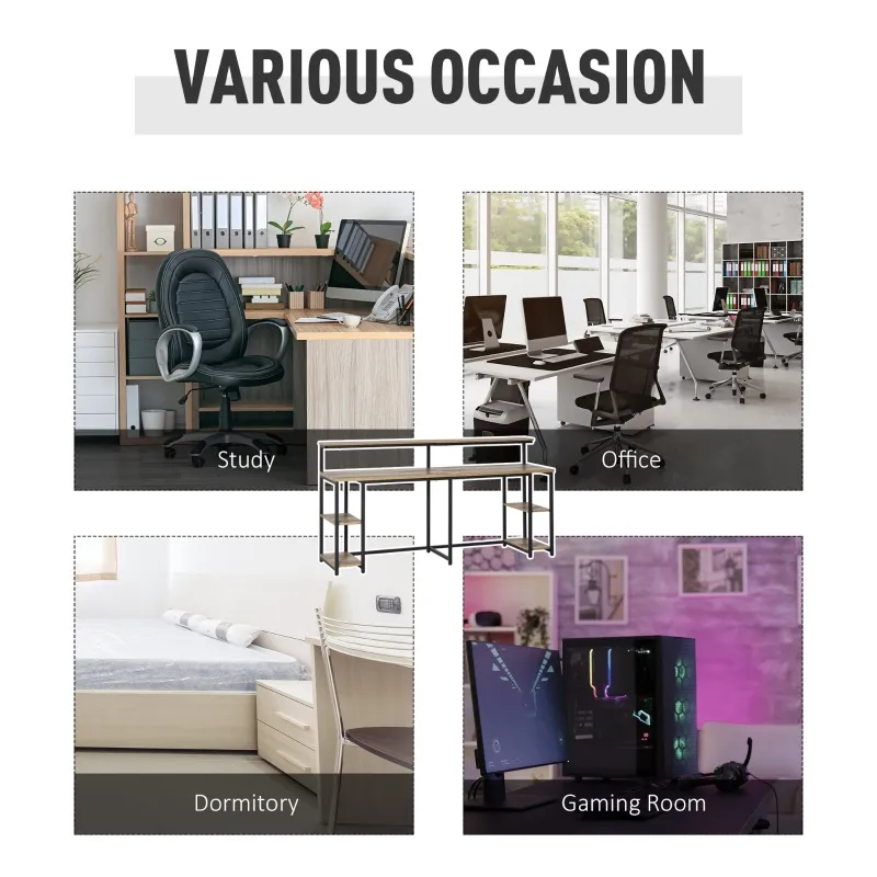 HOMCOM 2 Person Home Office Computer Desk Double PC Study Table Writing Workstation, with Elevated Monitor Rack, CPU Stand, Light Brown