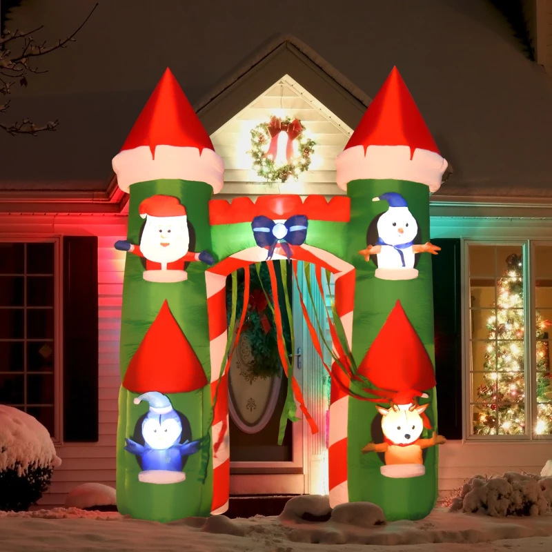 HOMCOM 11 ft LED Lit Inflatable Christmas Arch, Outdoor Holiday Light Yard Display with Santa Claus, Snowman, Reindeer, Gingerbread Man and Penguin