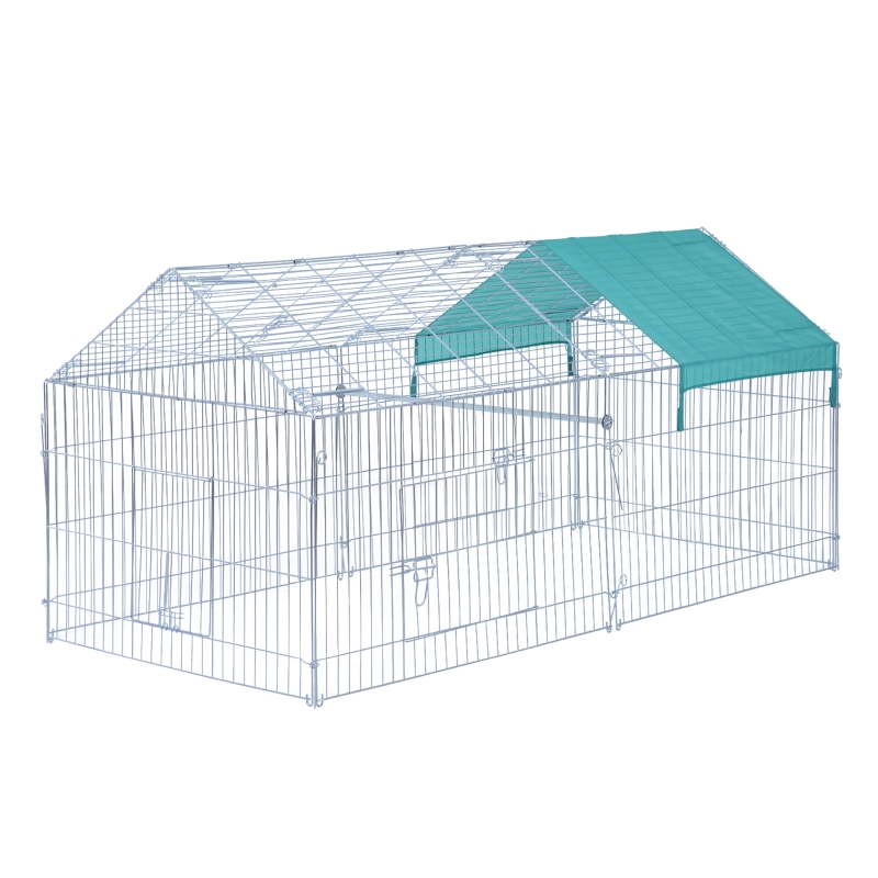 PawHut Metal Pet Enclosure Small Animal Playpen Outdoor Play Rabbit Folding Cage w/ Cover 86.6" x 40.6" x 40.6" Silver & Green