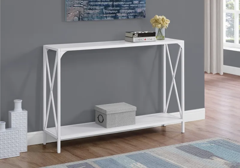 Monarch 48" Contemporary Wood Grain Top 2-Tier Metal X Framed Accent Console Table - White Finish