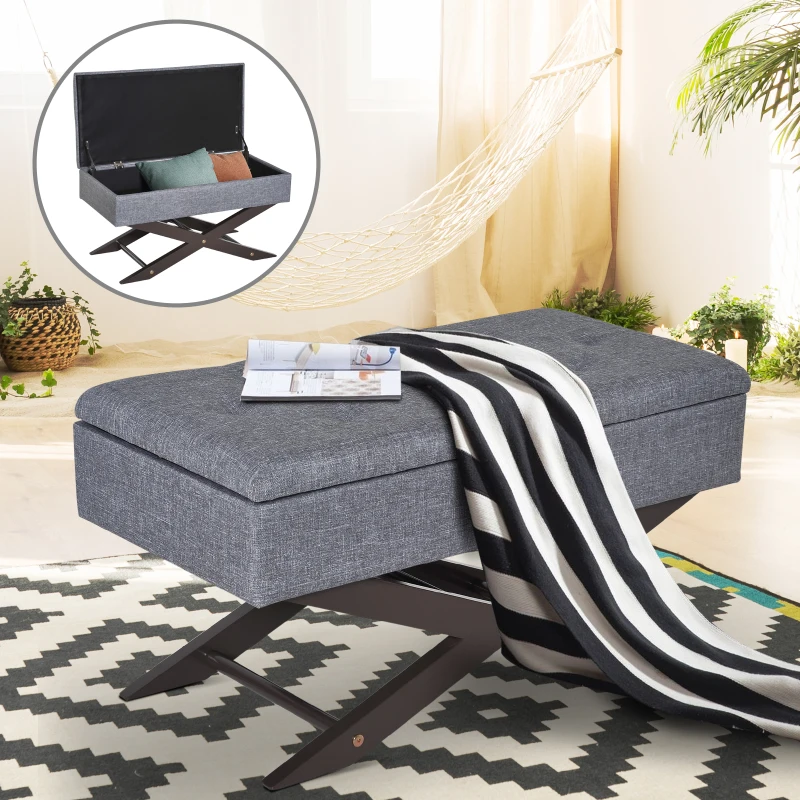 HOMCOM 32" Tufted Upholstered Storage Ottoman Bench X Leg Bed Bench with Organizer Padded Piano Keyboard Seat Grey
