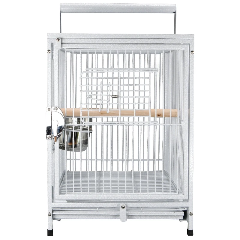 PawHut 18" Heavy Duty Wrought Iron Travel Bird Cage Carrier With Handle Perch And Accessories - White