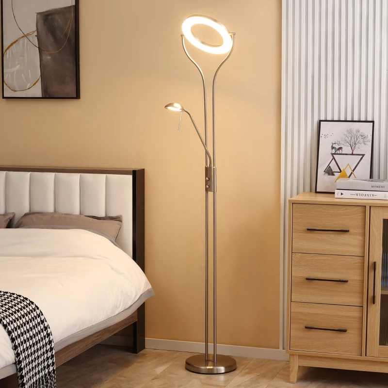 HOMCOM Modern LED 2 Light Floor Lamp, Tall Standing Lamp with Rotatable Ring Light and Height Adjustable Side Light for Living Room or Bedroom, Silver