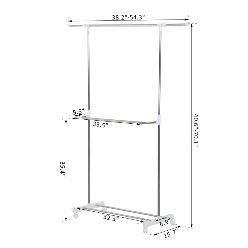 HomCom Rolling Extendable Clothes Rack Adjustable Double Rods Garment Hanger with Shoe Rack and Brake Wheels