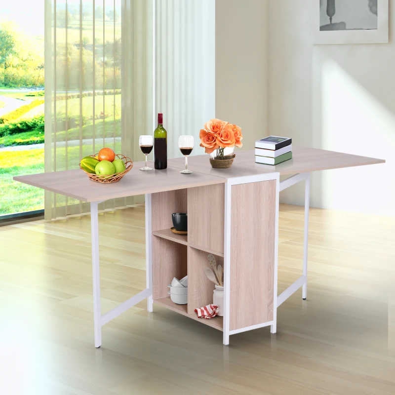 HOMCOM 66.5" Versatile Folding Storage Dining Table Compact Multi-use Drop Leaf Study Desk Hideaway Shelves Space Saving Design Oak/White