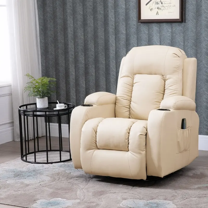 HOMCOM Vibration Massage Recliner Chair for Living Room with Heat,  Swivel Single Sofa, Modern PU Leather Manual Reclining Chair with Footrest, Cream White