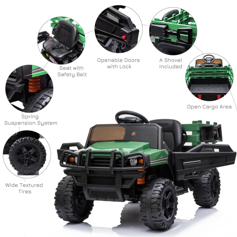 Aosom 12V Kids Ride-on Car Electric Truck Pickup Toy with Parent Remote Control and Trailer, MP3/USB Input for Music, Green