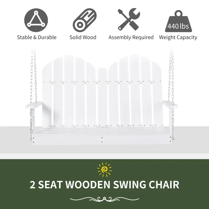 Outsunny 47'' 2-Seater Hanging Porch Swing, Outdoor Patio Swing Bench with Wooden Build, Water-Fighting Protection, & Classic Style, 440 lb Weight Capacity, White