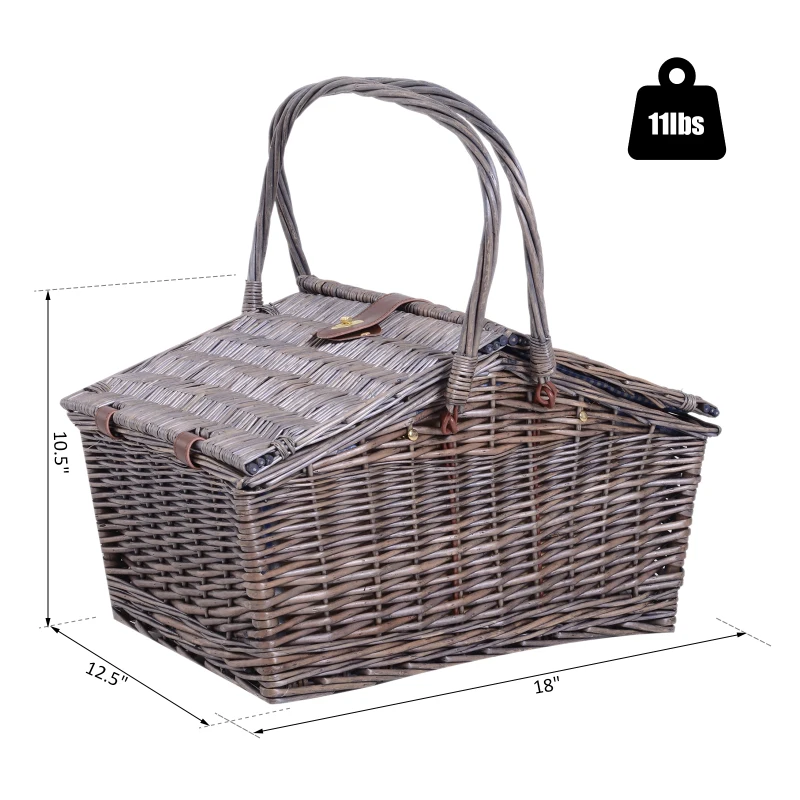 Outsunny Double-Lid Wicker Picnic Basket for 4 People Cutlery Plate Wine Glass